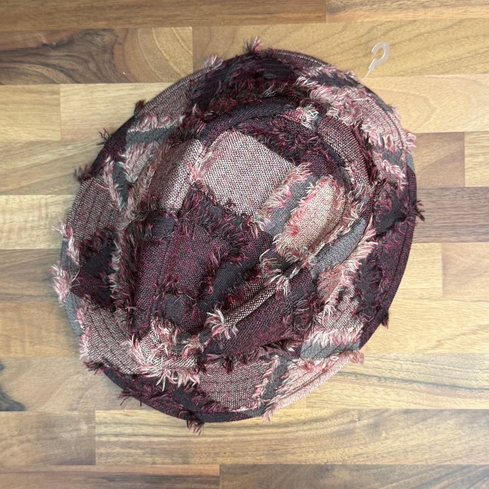 Magid Hats Burgundy Frayed Patchwork Bucket Hat Distressed Woven Plaid
